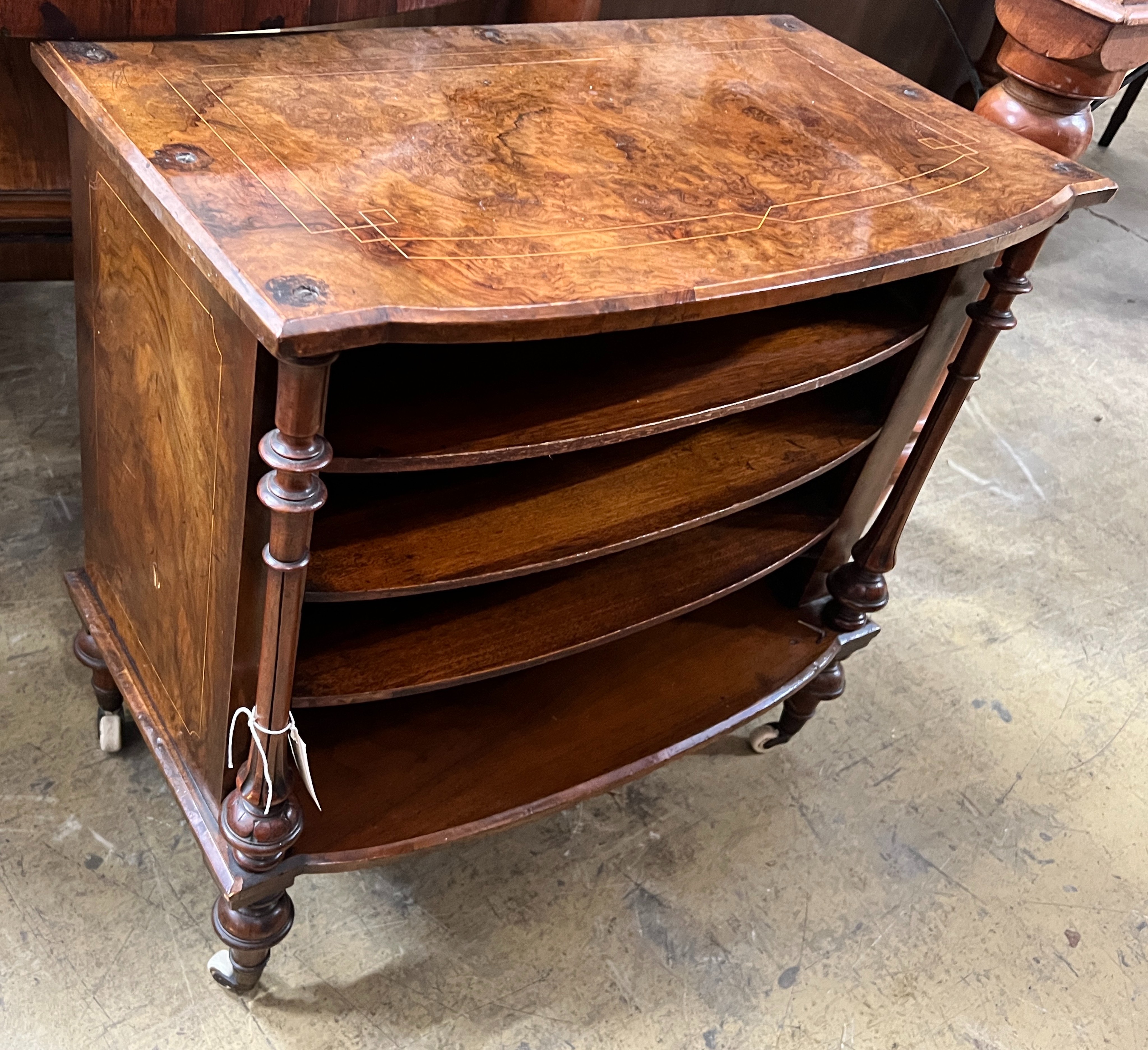 A Victorian inlaid figured walnut sheet music cabinet (adapted from a whatnot), width 66cm, depth 38cm, height 63cm